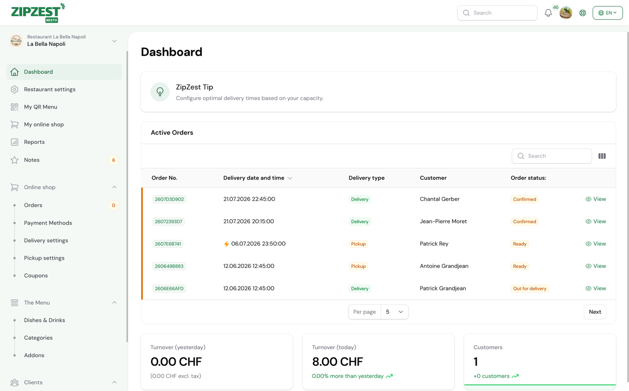 ZipZest interface — Swiss alternative to GloriaFood for restaurant online ordering
