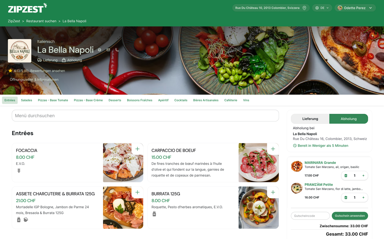 ZipZest Online-Bestellseite auf dem Desktop: Restaurantmenü und Warenkorb