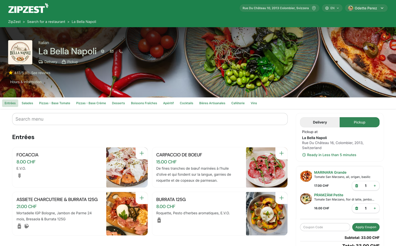 ZipZest online ordering website on desktop: restaurant menu and cart
