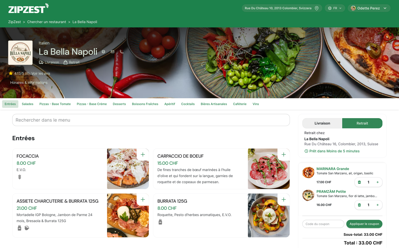 Site de commande en ligne ZipZest affiché sur ordinateur : menu du restaurant et panier