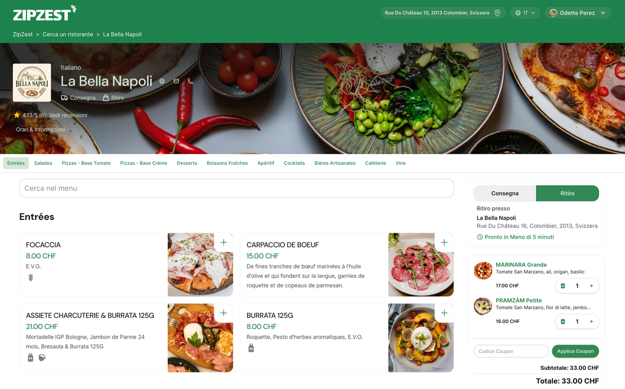 Sito di ordinazione online ZipZest su desktop: menu del ristorante e carrello