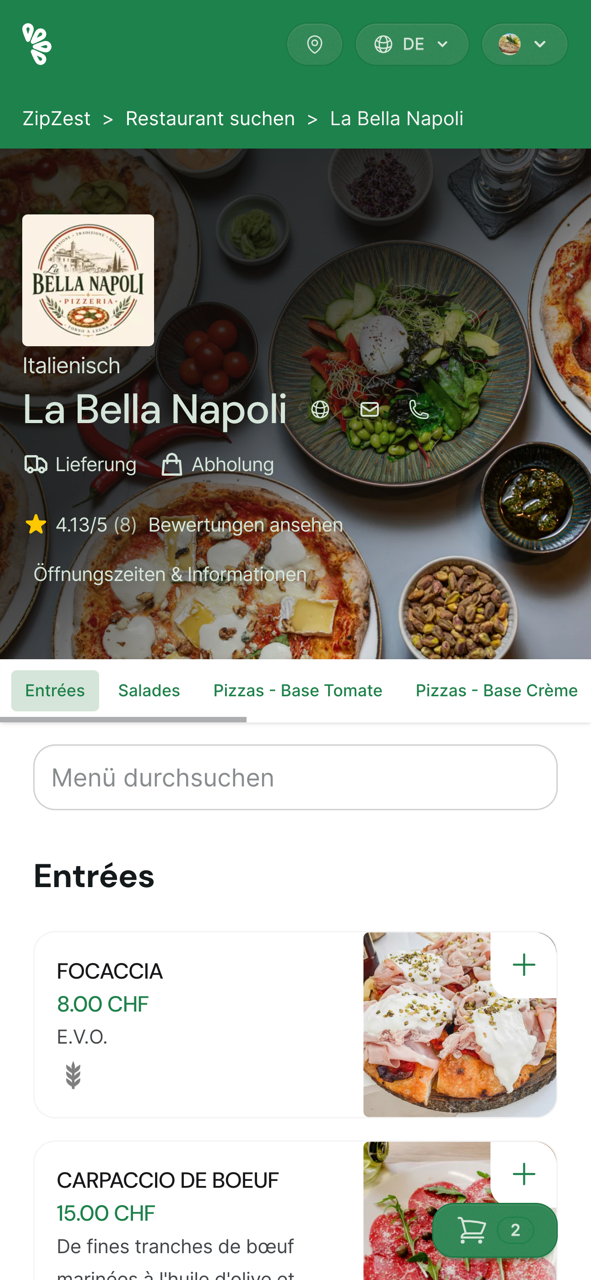 ZipZest Online-Bestellung auf dem Smartphone: mobiles Menü und Bezahlung in wenigen Klicks